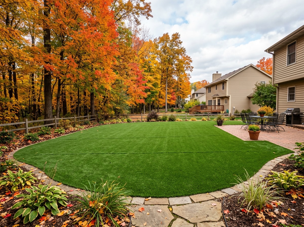 Artificial grass lawn installed in a residential Osceola, WI backyard during fall