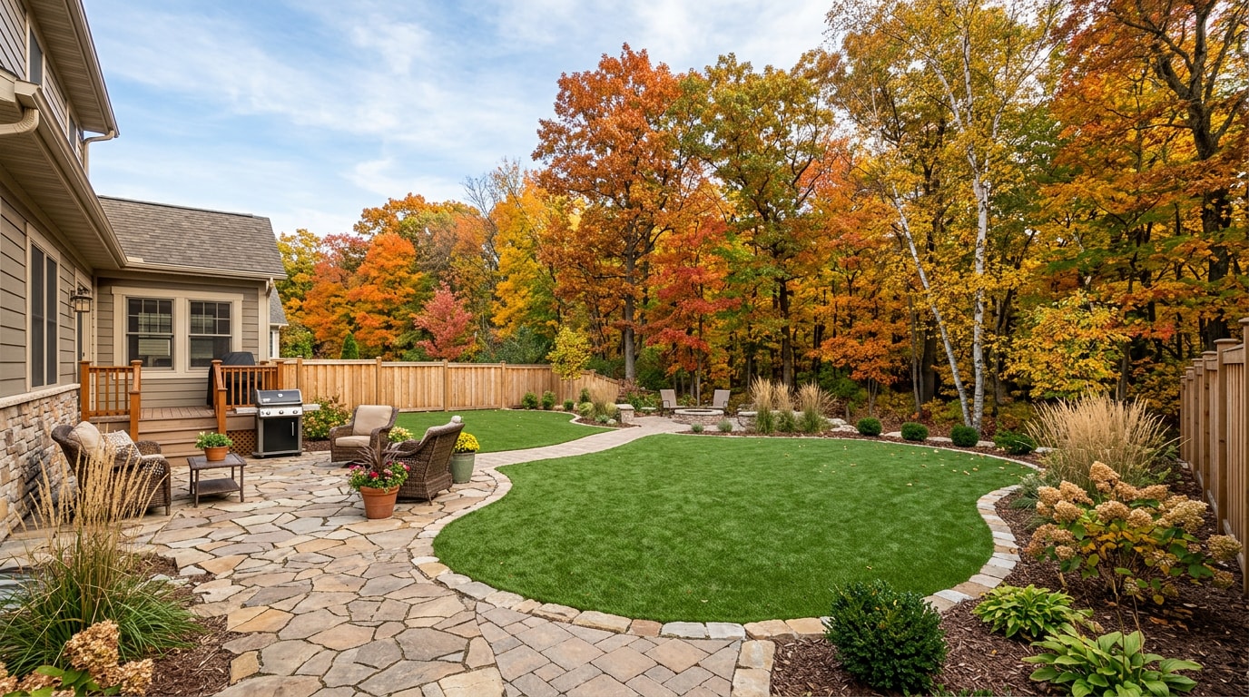 Professionally installed artificial grass lawn in a residential Osceola, WI backyard Professionally installed artificial grass lawn in a residential Osceola, WI backyard