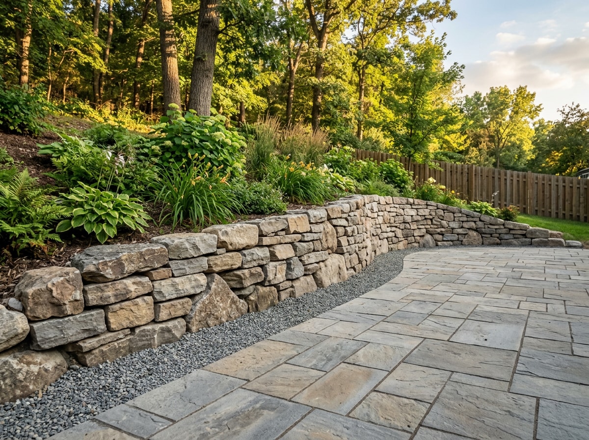 Paver patio and retaining wall installation on a sloped Hudson, WI backyard