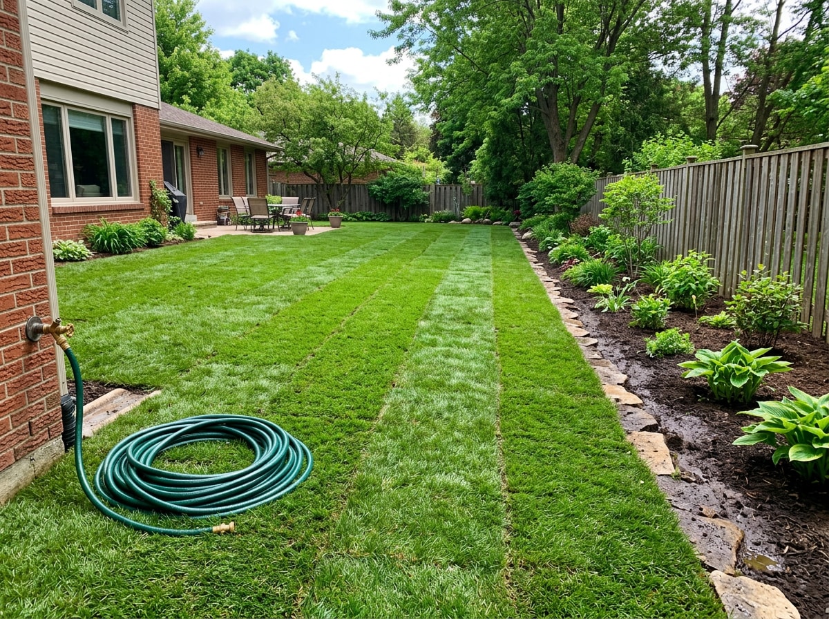 Freshly installed sod lawn with visible seams in a Hudson, WI yard