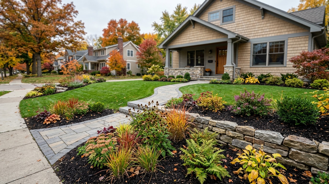 Professionally landscaped front yard with paver walkway and retaining wall in Hudson, WI Professionally landscaped front yard with paver walkway and retaining wall in Hudson, WI