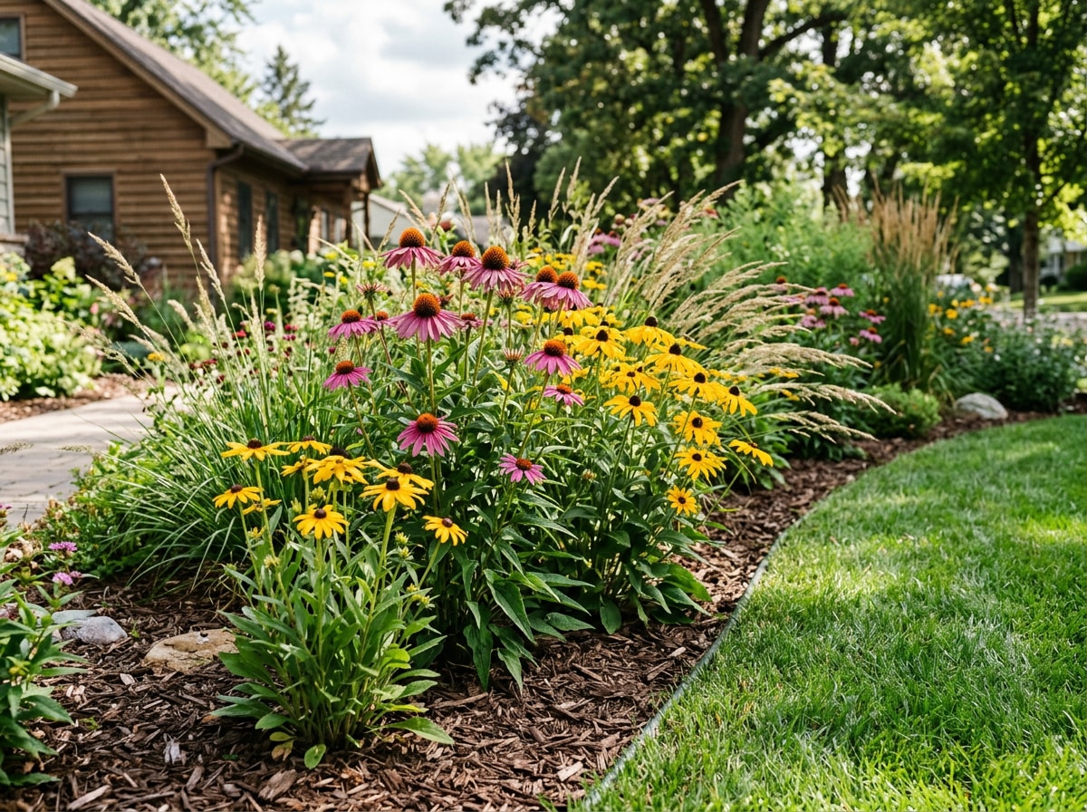 Front yard landscaping with native perennial garden beds and lawn in a Washington County, MN neighborhood
