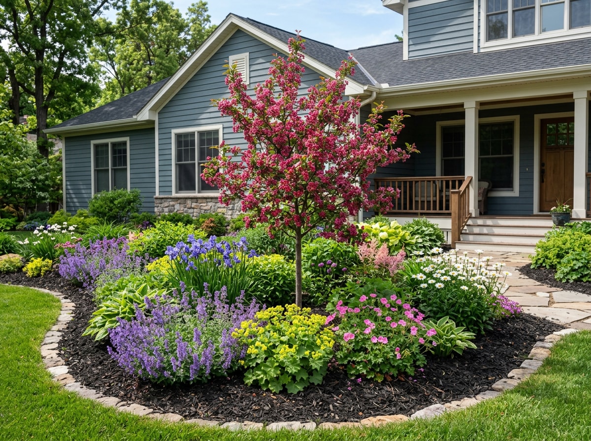 Garden bed planted with cold-hardy perennials and a flowering tree in a Minnesota front yard