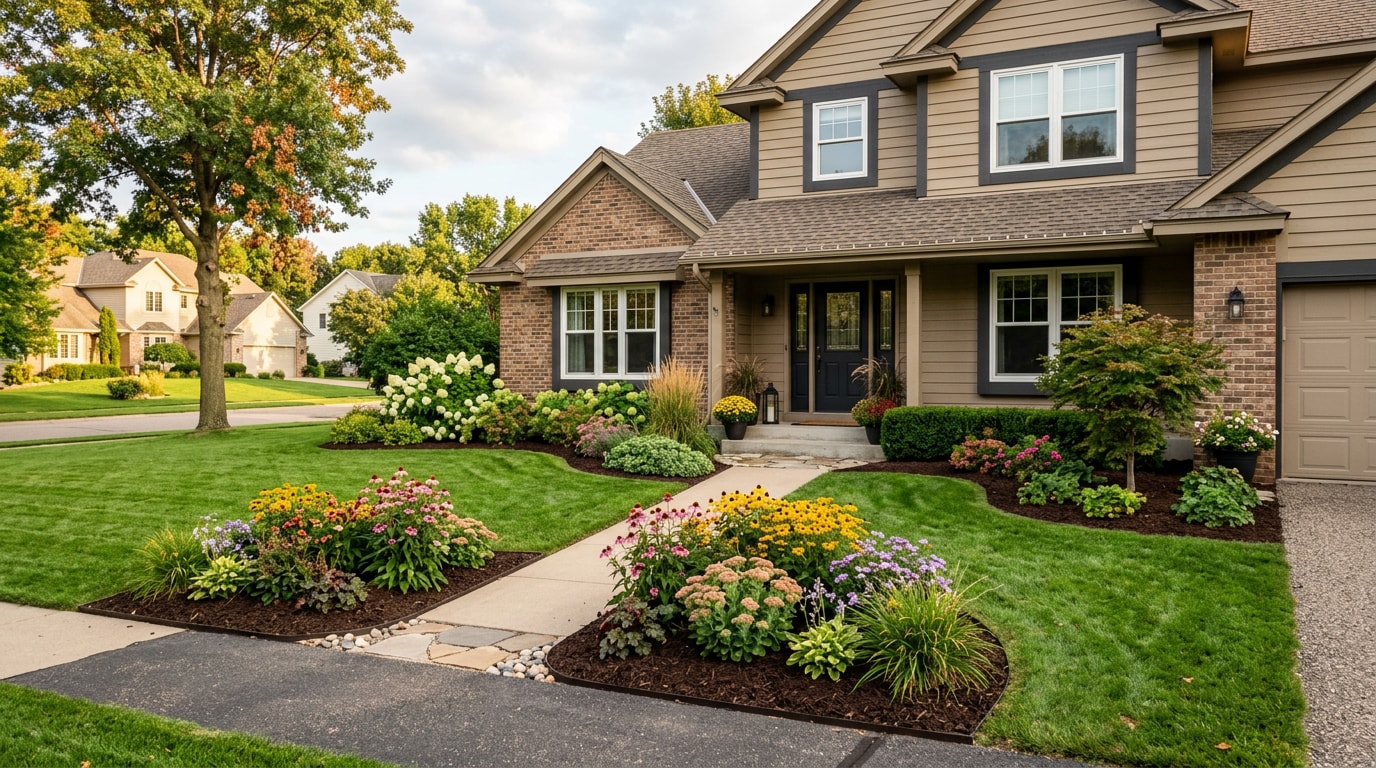 Professionally landscaped front garden with perennial beds and lawn in Washington County, Minnesota Professionally landscaped front garden with perennial beds and lawn in Washington County, Minnesota