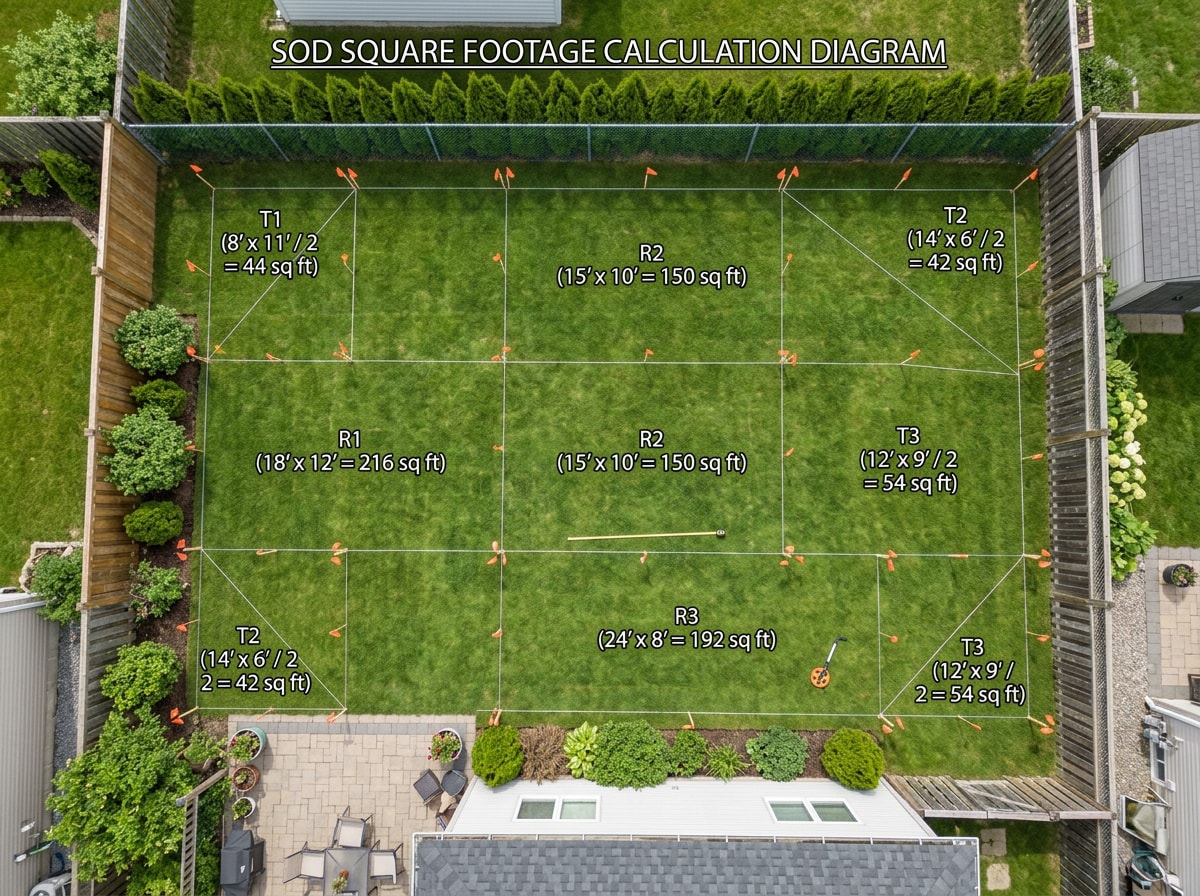 Diagram showing how to break an irregular yard into rectangles to calculate sod square footage