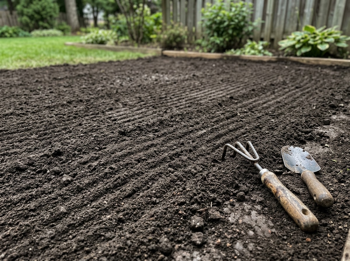 Close-up photo of tilled and raked soil being prepared for sod installation