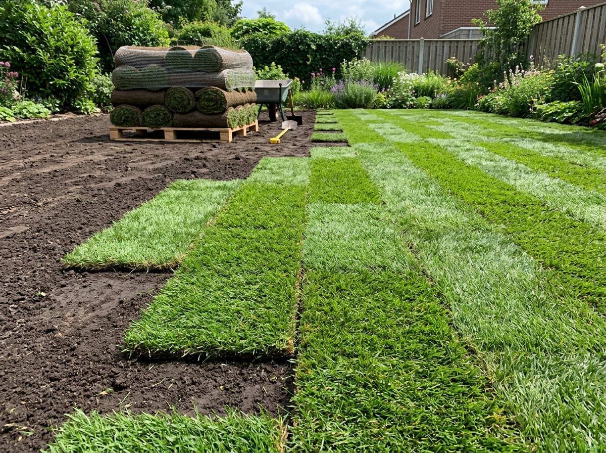 Photo illustrating sod laid in a staggered brick pattern during installation