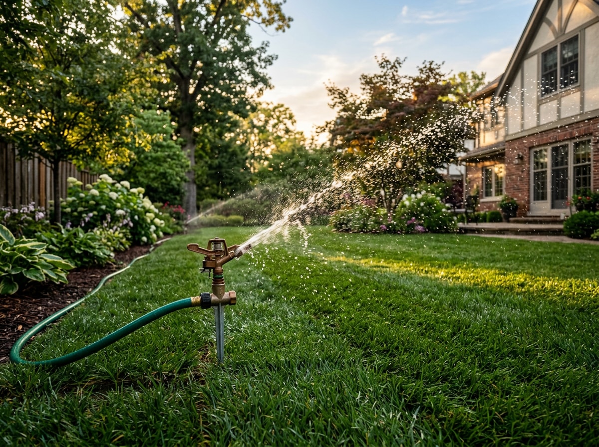 Sprinkler watering a freshly installed lawn in the early morning