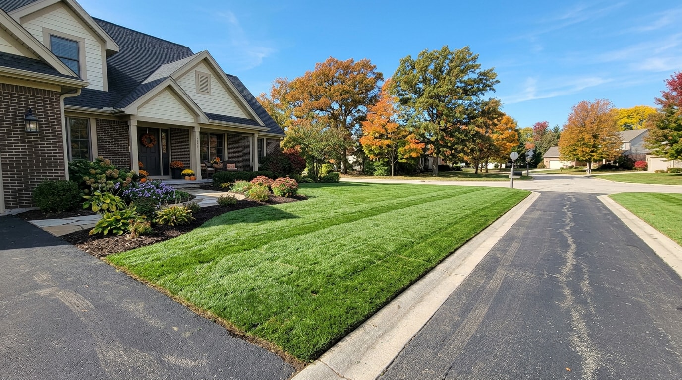 Freshly installed sod lawn with neat staggered seams in a Hudson, WI front yard