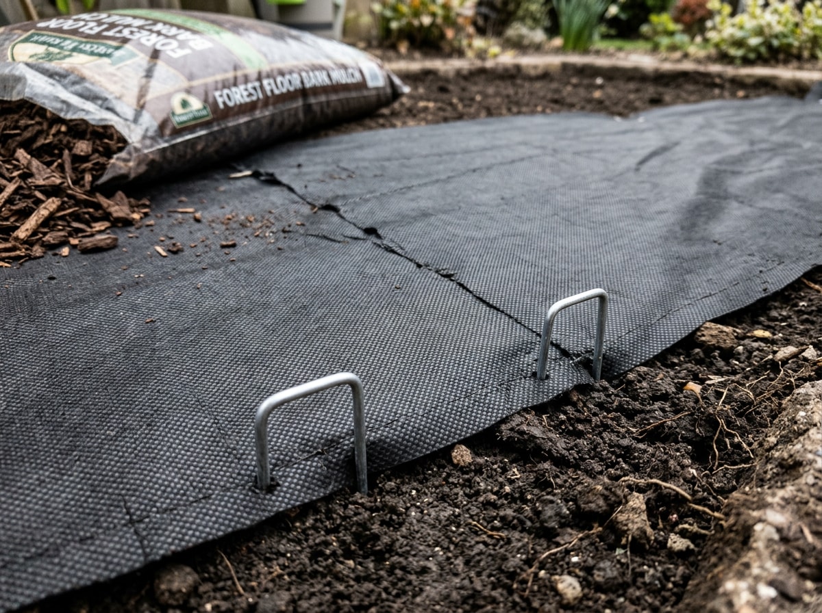 Landscape fabric being staked down in a flower bed before mulch installation