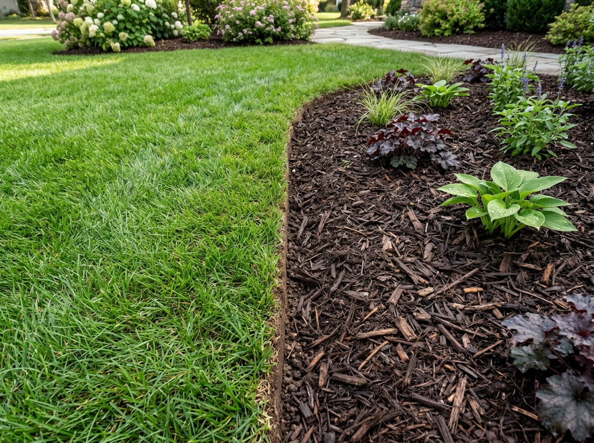 Freshly mulched flower bed edge next to a trimmed lawn line