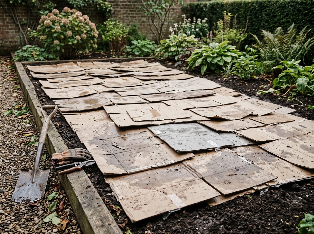 Overlapping cardboard sheets staged across a flower bed before mulch is added