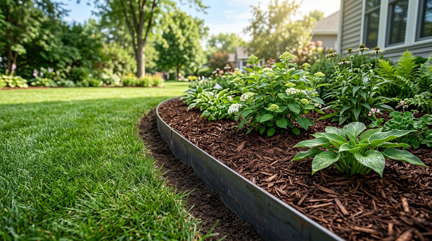 Steel landscape edging separating a mulched flower bed from a lawn in New Richmond, WI Steel landscape edging separating a mulched flower bed from a lawn in New Richmond, WI