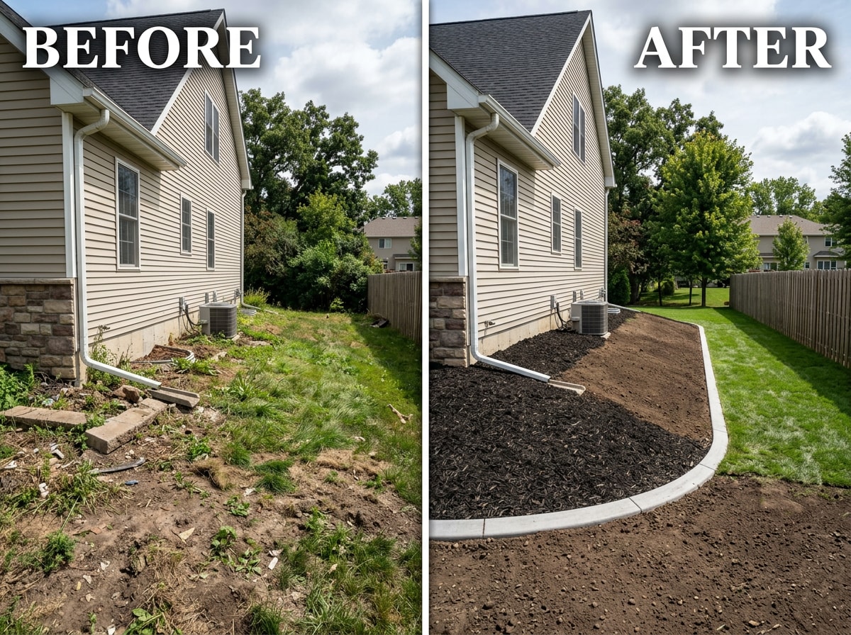 Before and after view of a Washington County MN yard with corrected grading, fresh mulch beds, and new concrete edging