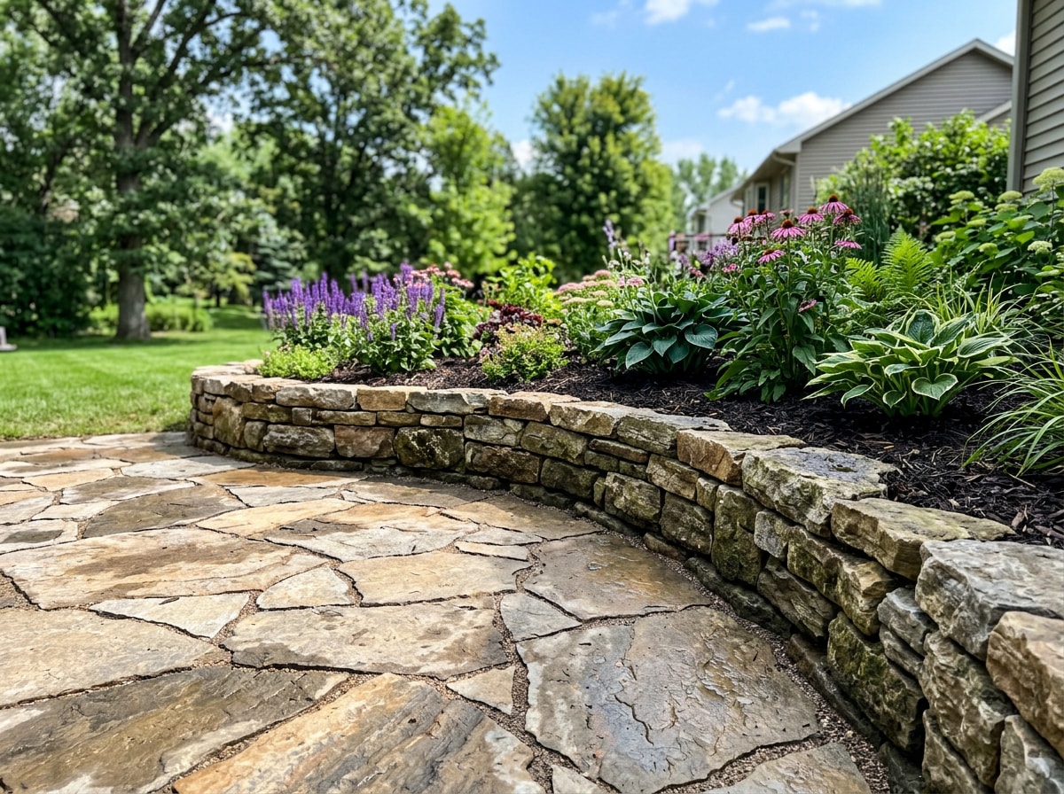Newly installed natural stone patio and retaining wall paired with fresh landscape beds in Washington County MN