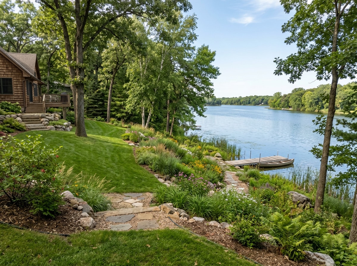 Lakeside residential lot in Lindstrom, MN with mature trees and sloped yard suited for custom landscape design