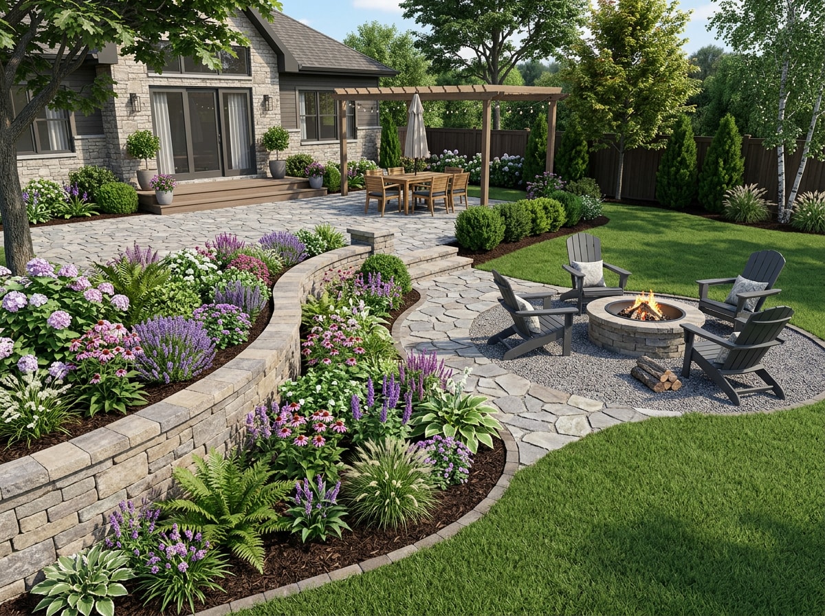 3D landscape rendering showing a custom backyard design concept with patio, garden beds, and plantings