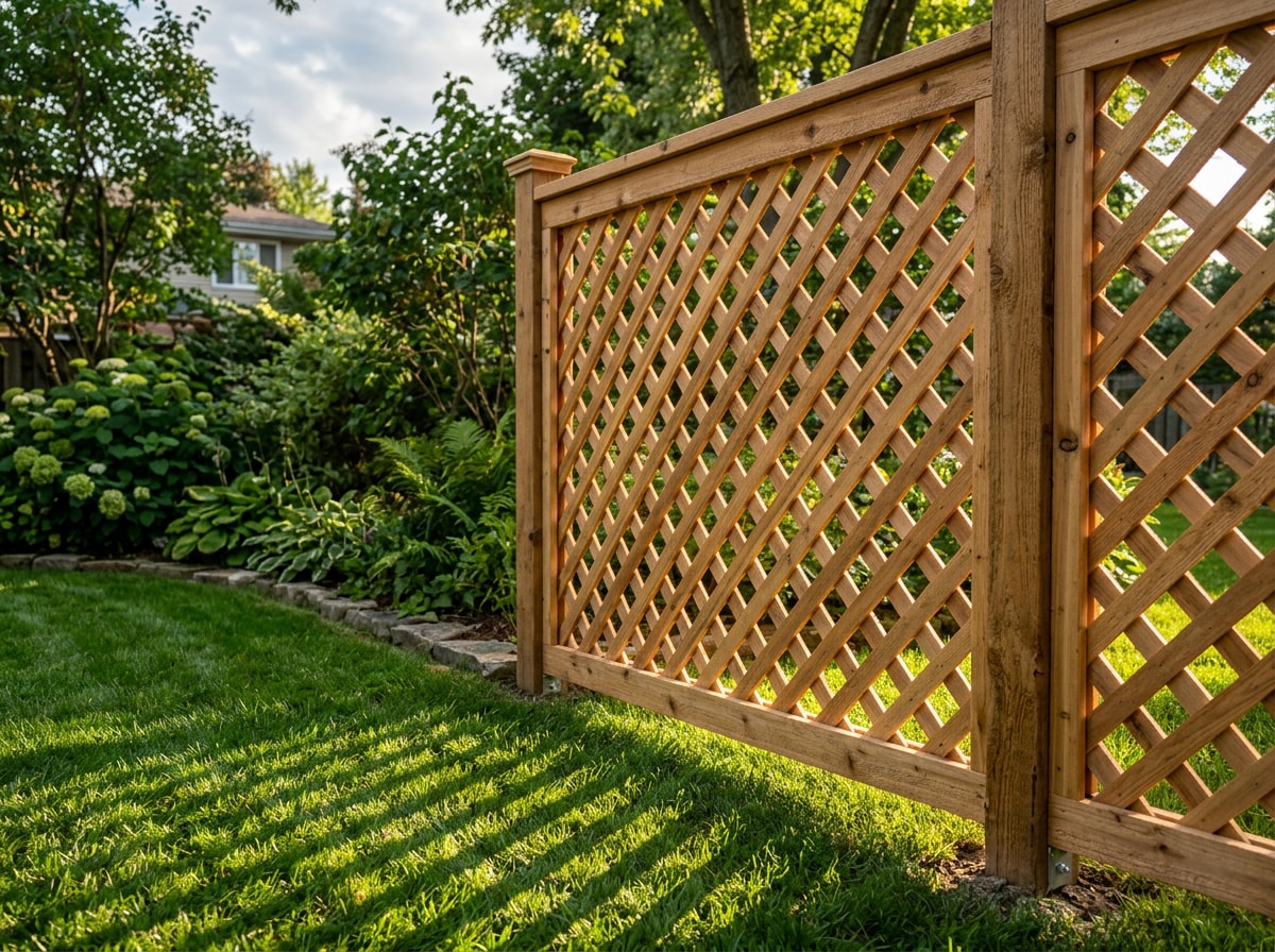 Wood lattice privacy fence panel in a residential New Richmond backyard