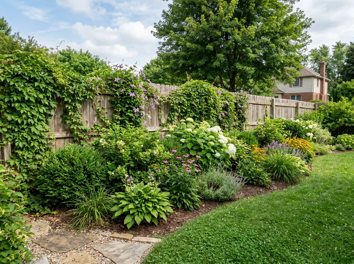 Layered shrub and vine privacy screen along a backyard fence line