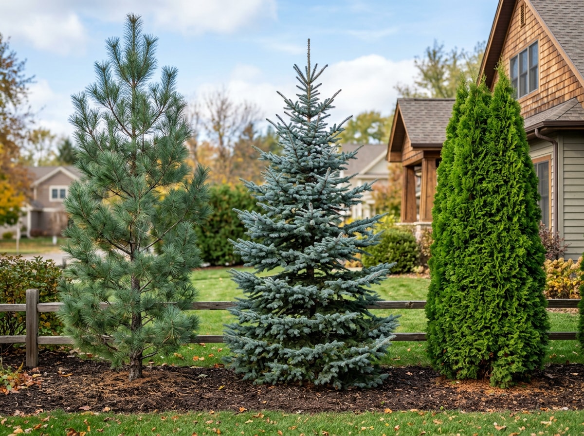 Comparison of privacy tree species including white pine, blue spruce, and arborvitae