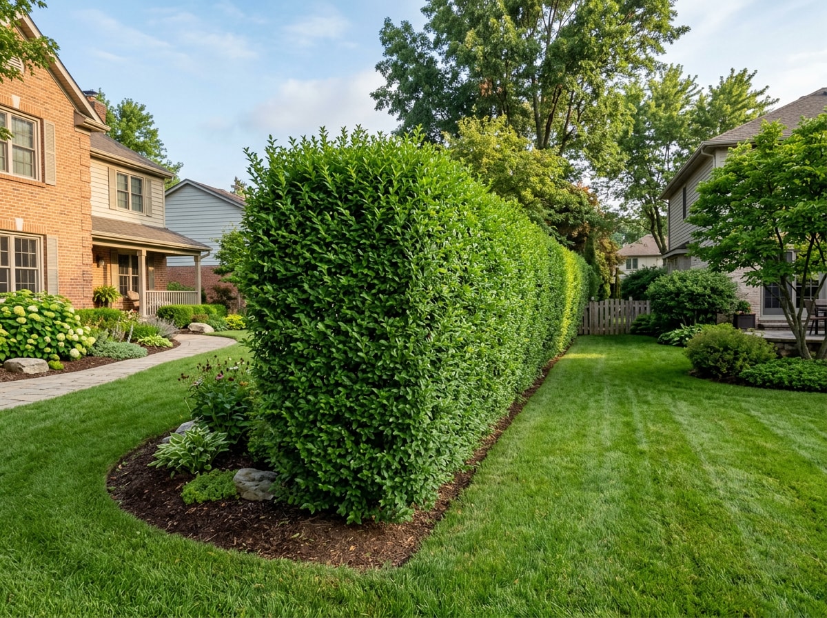 Mature privacy hedge row separating two residential yards