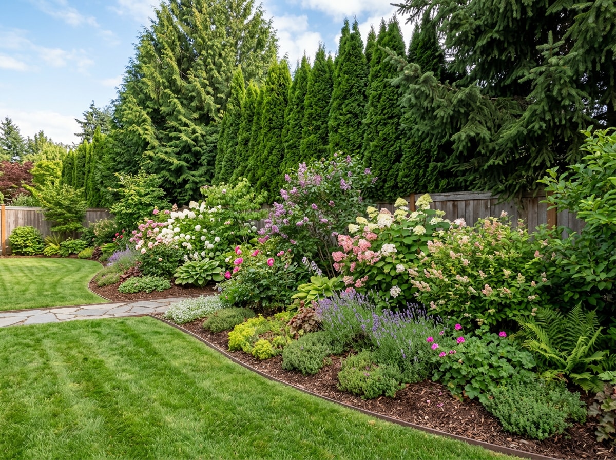 Layered privacy planting bed with tall trees, mid-height shrubs, and low groundcover