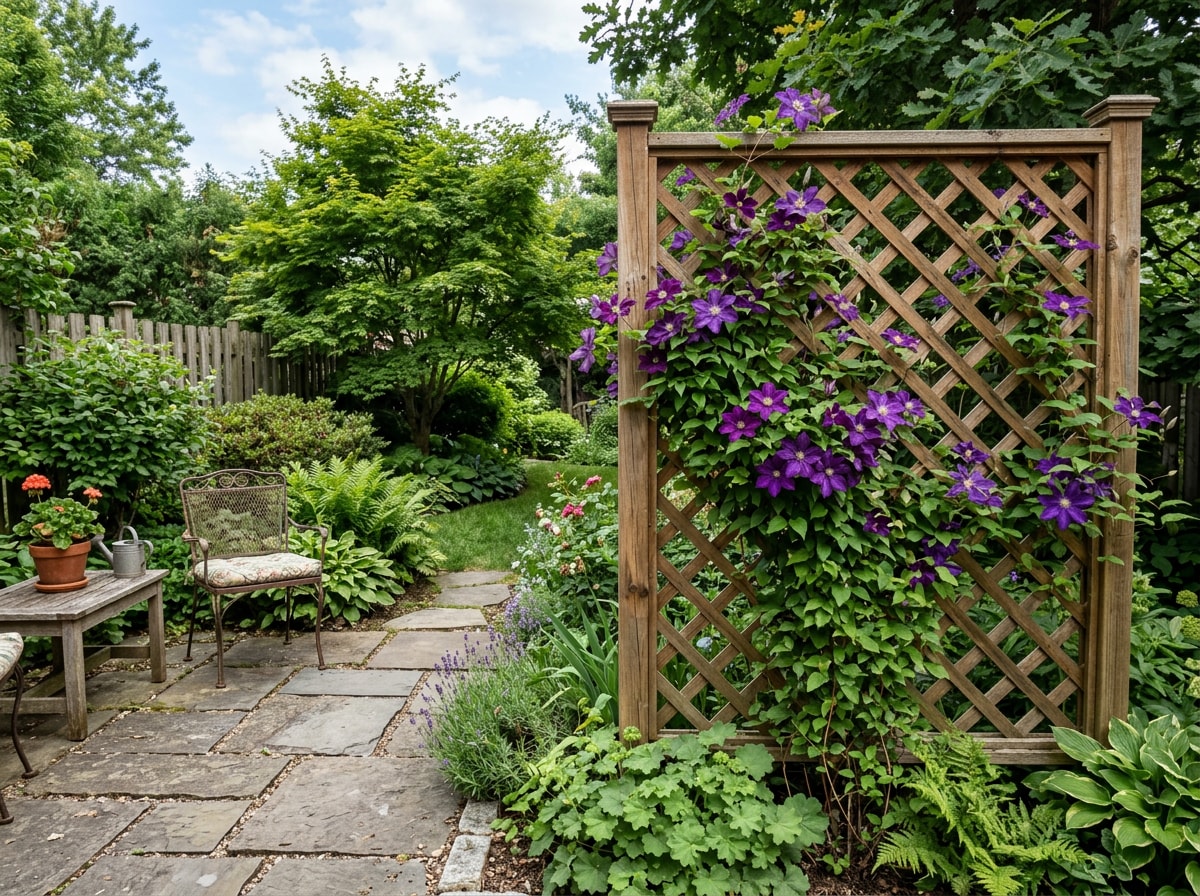 Garden trellis with climbing vines used as a privacy feature