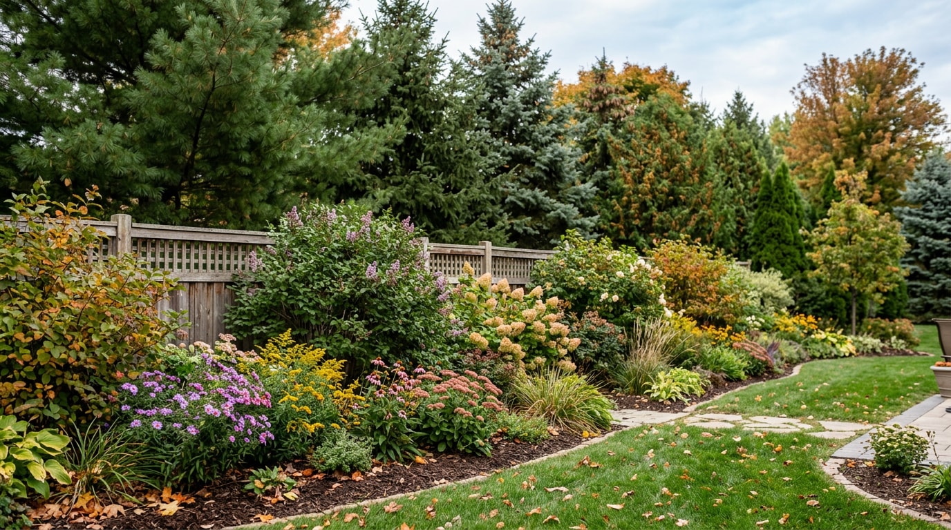 Layered privacy landscaping with evergreen trees, shrubs, and fencing in a New Richmond, WI backyard Layered privacy landscaping with evergreen trees, shrubs, and fencing in a New Richmond, WI backyard
