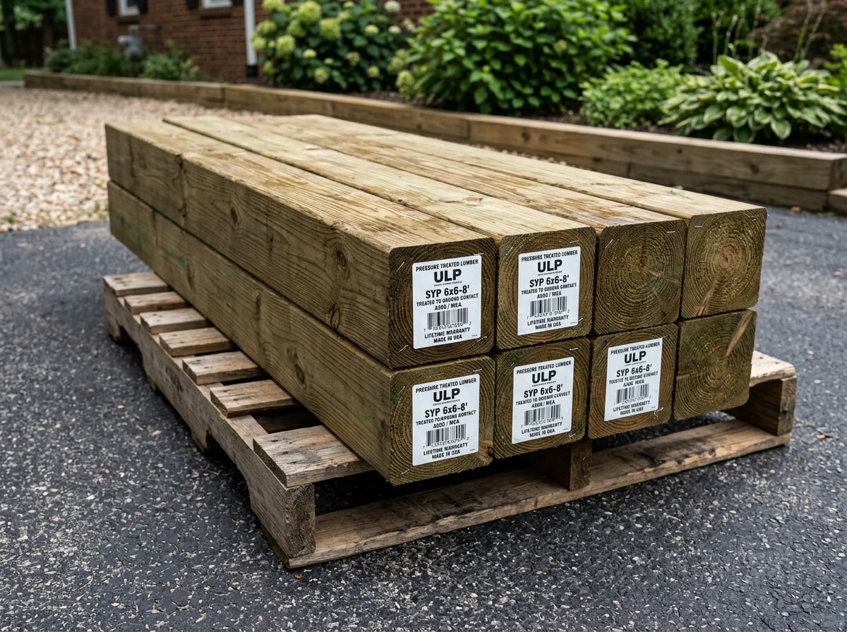 Stack of pressure-treated landscape timbers ready for a backyard retaining wall project