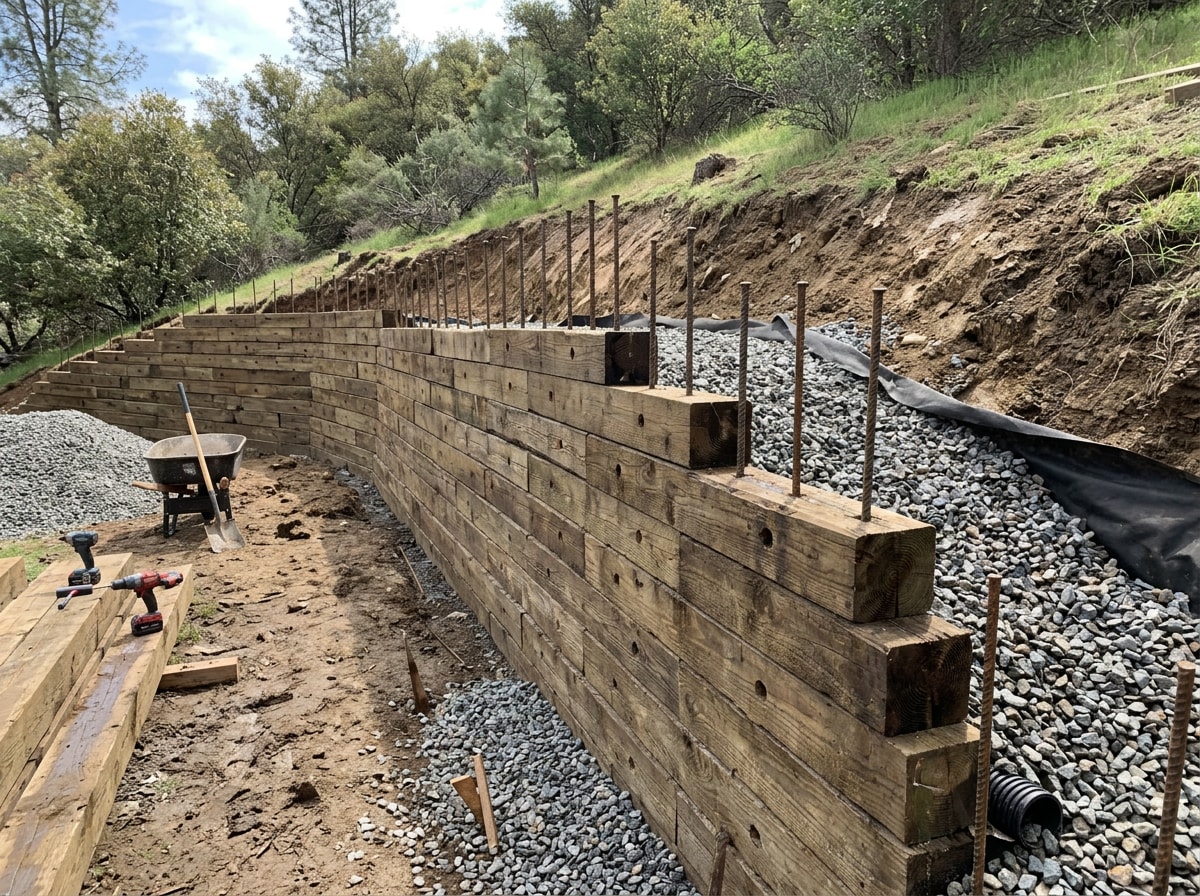 Stacked timber retaining wall holding back a sloped yard with rebar anchoring