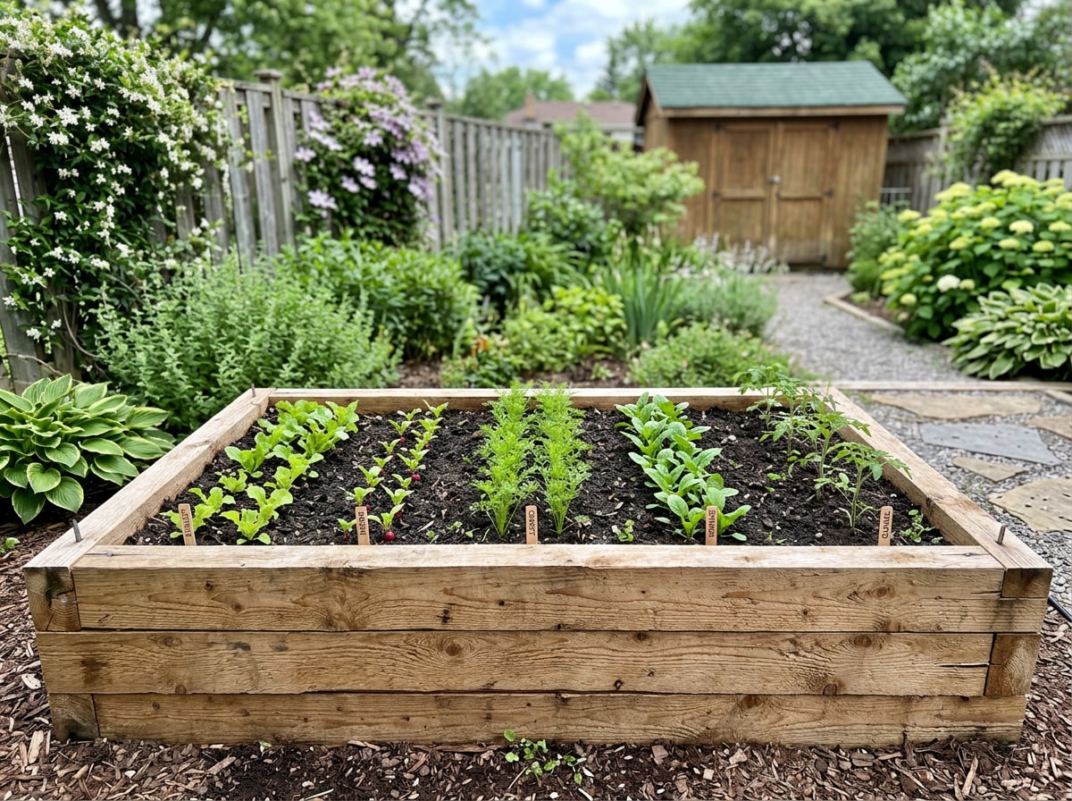 Wood raised garden bed built from cedar landscaping timbers filled with vegetables
