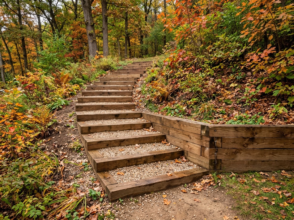 Timber steps and retaining wall built into a sloped Wisconsin backyard