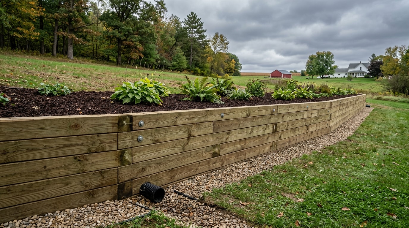 Finished landscape timber retaining wall in a Wisconsin backyard Finished landscape timber retaining wall in a Wisconsin backyard