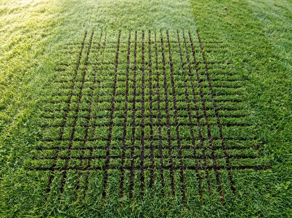 Crosshatch seeding pattern created by a walk-behind overseeder on a Minnesota lawn