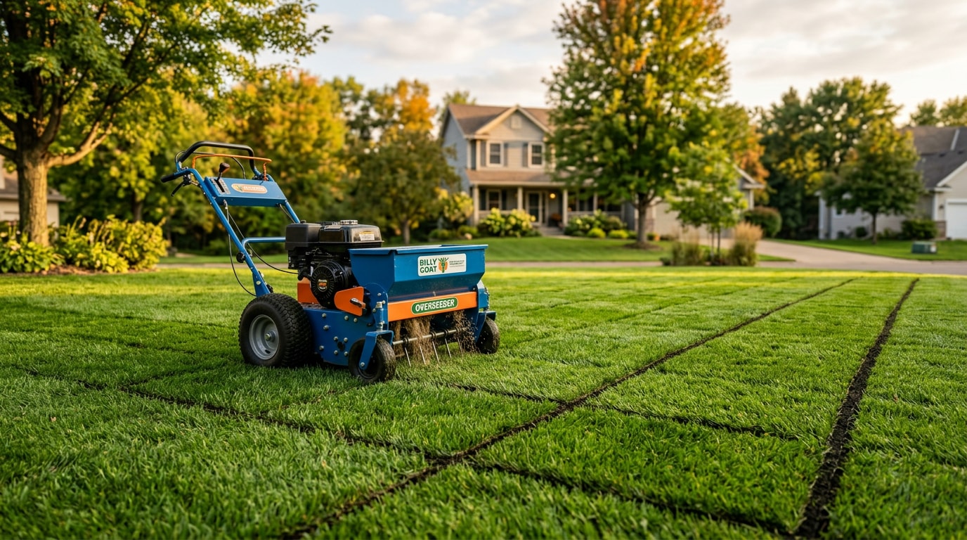 Walk-behind lawn overseeder machine on a Minnesota residential lawn