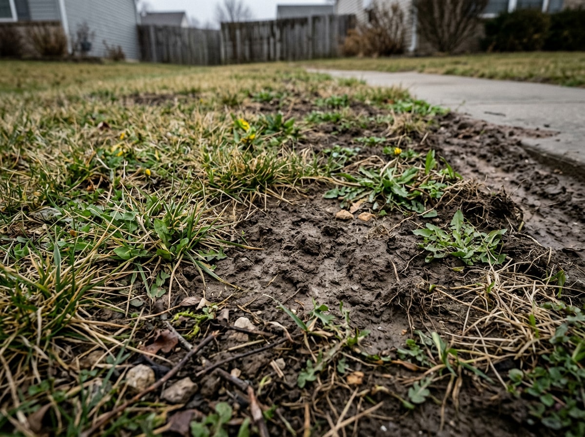 Homeowner inspecting bare patches and weed coverage in an Osceola, WI lawn before renovation