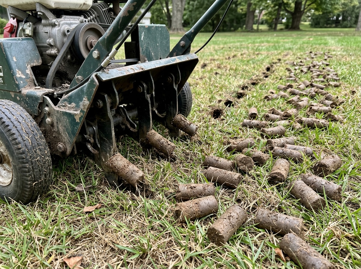 Core aerator pulling soil plugs from a lawn during an Osceola, WI lawn renovation project