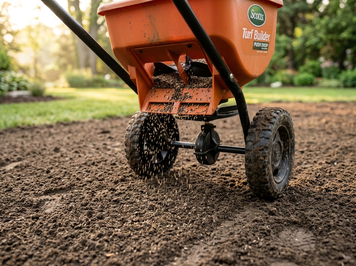 Homeowner using a drop spreader to seed a lawn during spring lawn renovation in Osceola, WI