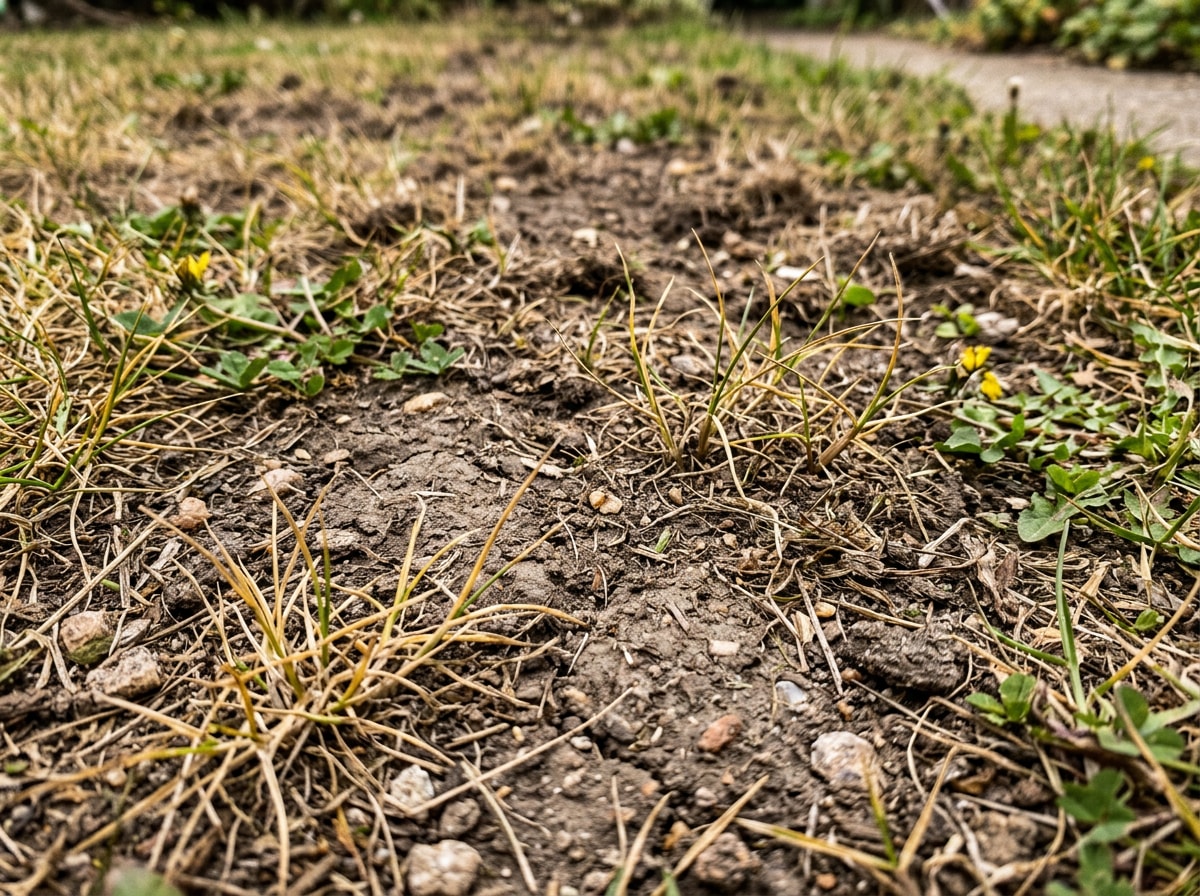 Close-up of a damaged lawn section with bare spots and thinning grass before repair