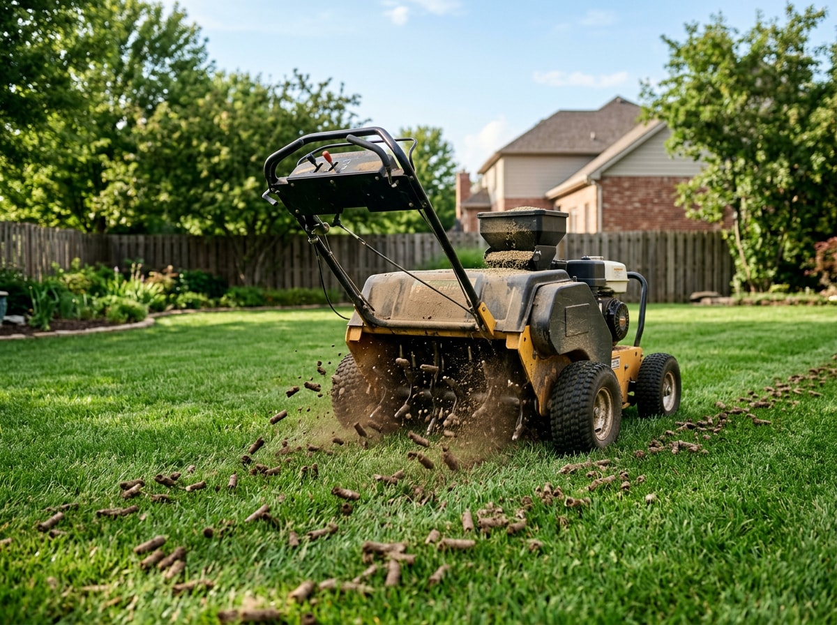 Lawn aerator and overseeder machine working across a residential yard