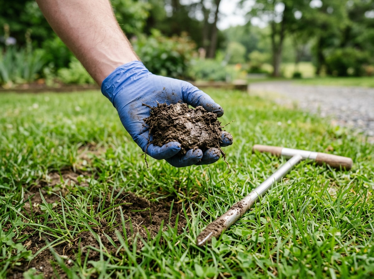 Lawn care technician inspecting soil and grass condition during an on-site visit