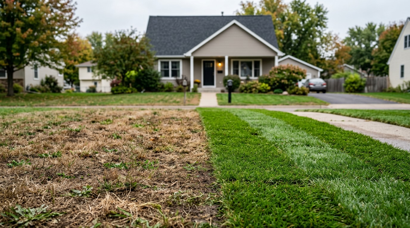 Freshly repaired lawn showing new sod next to patchy dead grass in Lindstrom, MN