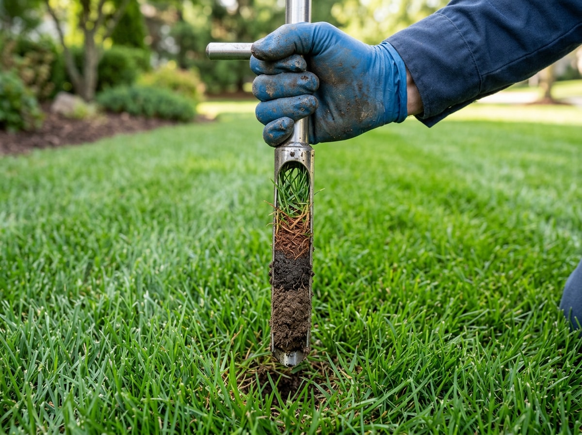 Lawn care technician performing a soil and lawn assessment in Chisago County, MN
