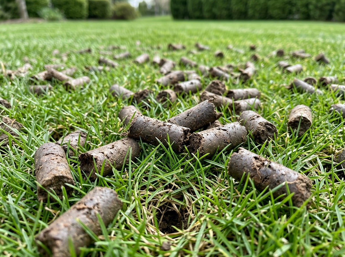 Close-up of core aeration plugs removed from a compacted Chisago County lawn