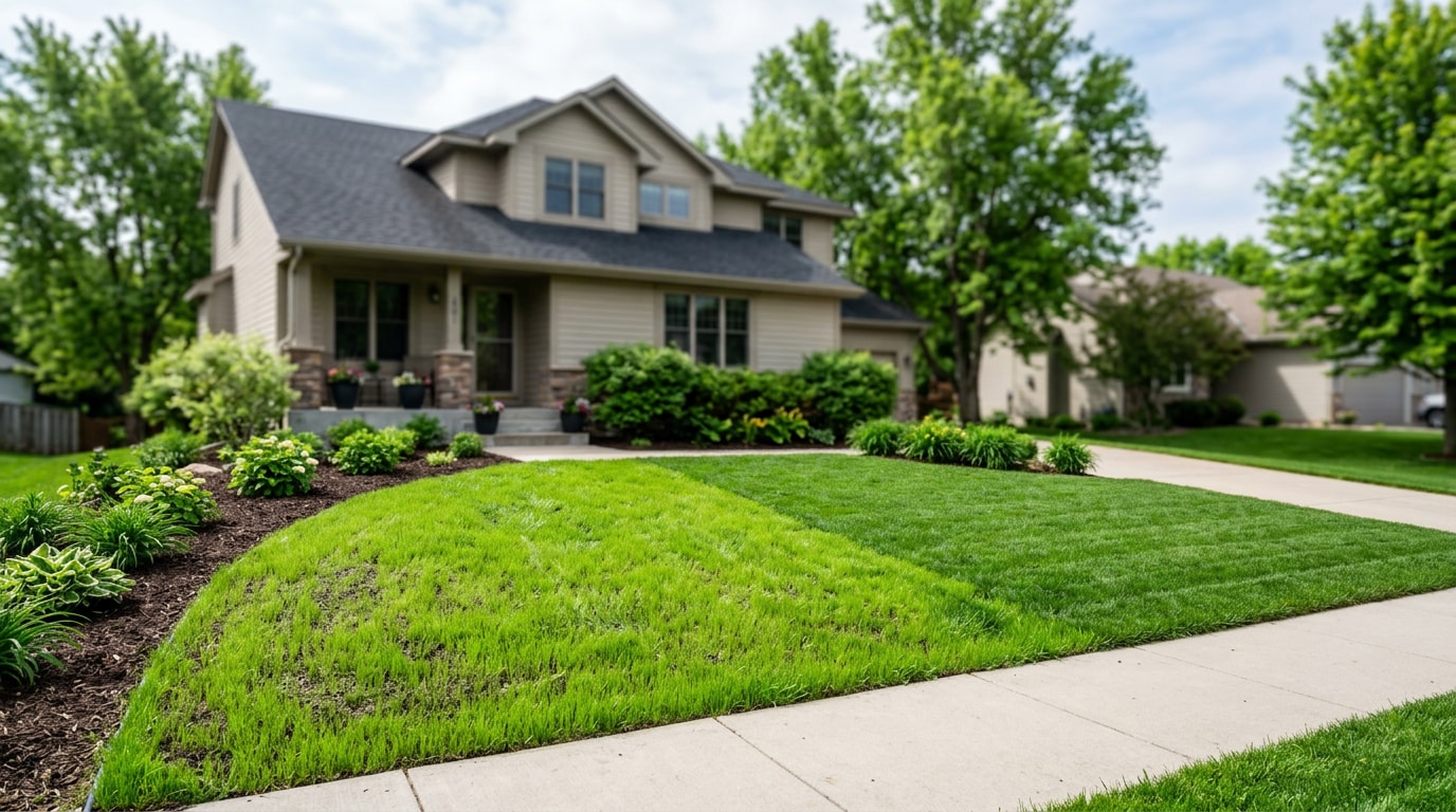 Freshly restored lawn with new grass growth in Chisago County, MN