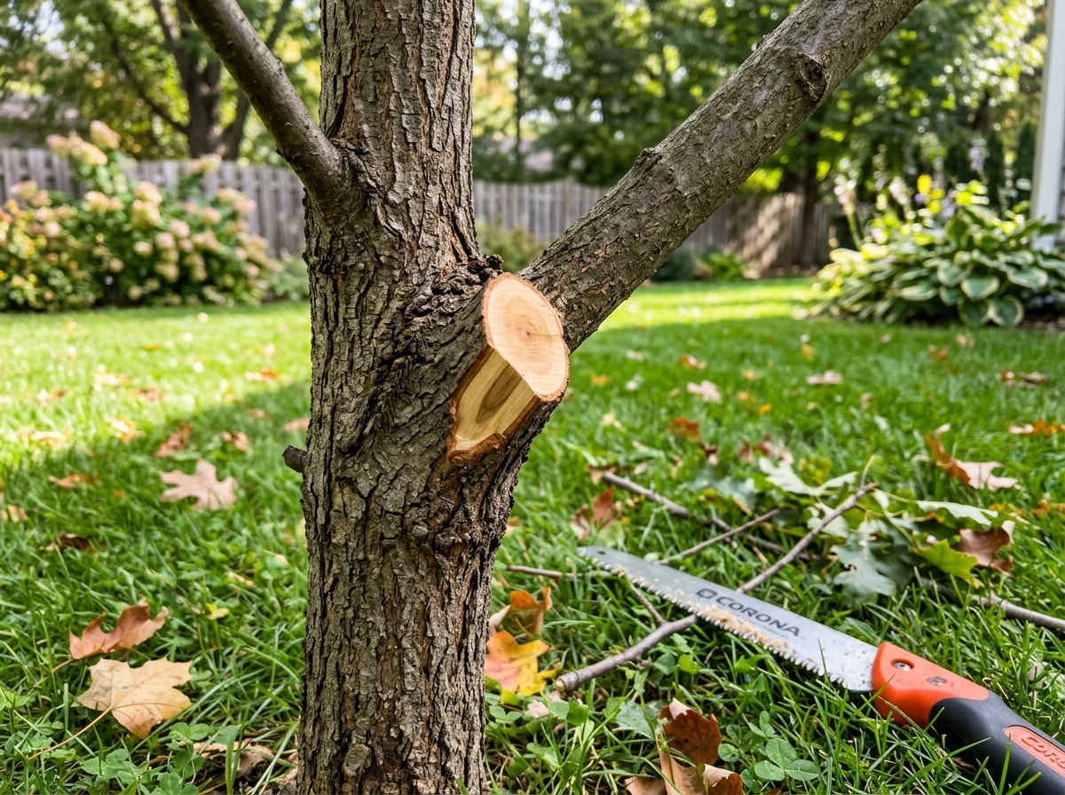 Certified arborist making a clean structural pruning cut on a young shade tree in a Hudson, WI yard