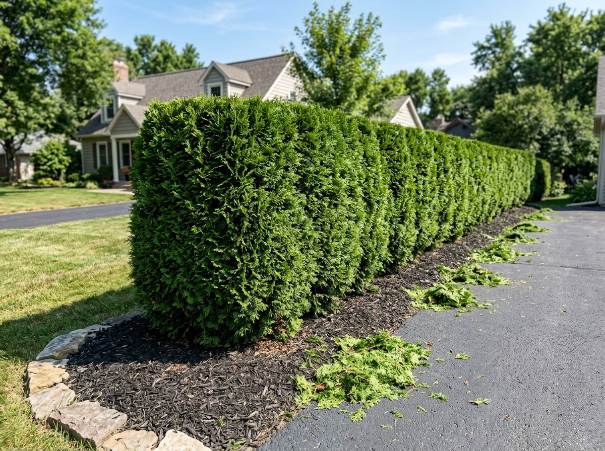 Dense arborvitae hedge freshly pruned into a clean, even shape along a Hudson, WI property line