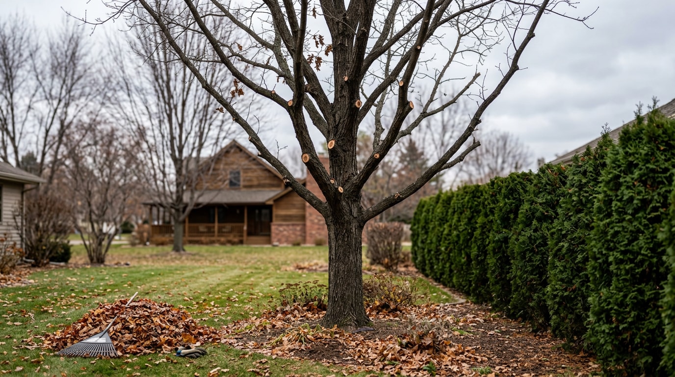 Freshly pruned mature tree and trimmed hedge in a Hudson, WI backyard during the dormant season