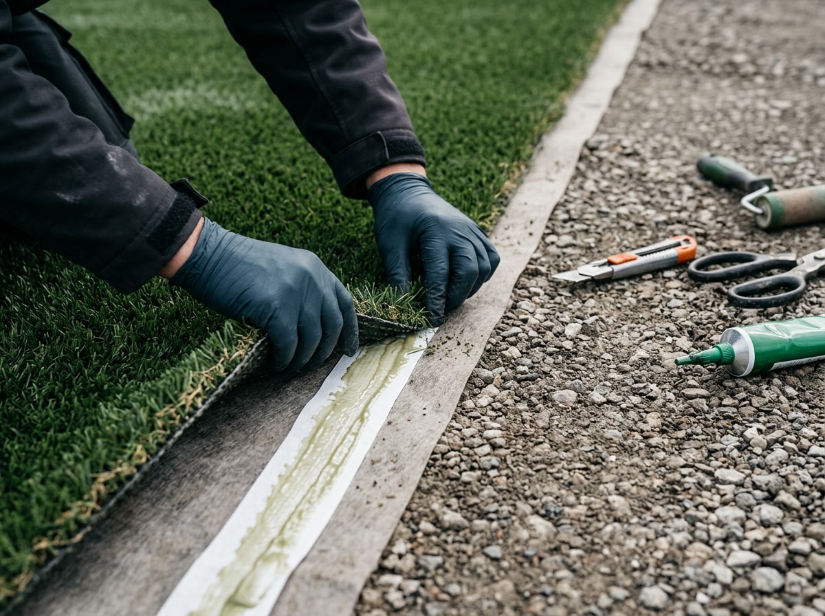 Close-up of a technician seaming and securing synthetic turf panels on a prepared gravel base