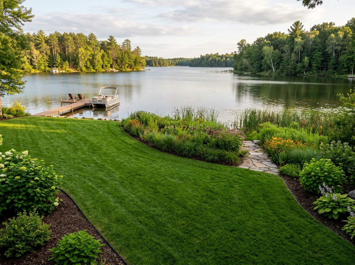 Finished residential lawn with sod meeting a landscaped lakeside border in Polk County, WI